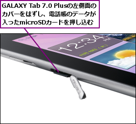 GALAXY Tab 7.0 Plusの左側面の　カバーをはずし、電話帳のデータが　　　入ったmicroSDカードを押し込む　　