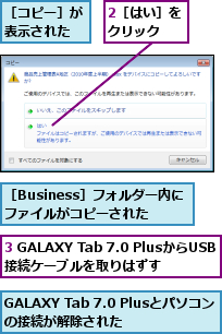 2［はい］をクリック  ,3 GALAXY Tab 7.0 PlusからUSB接続ケーブルを取りはずす,GALAXY Tab 7.0 Plusとパソコン の接続が解除された    ,［Business］フォルダー内にファイルがコピーされた,［コピー］が表示された