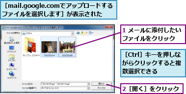 1 メールに添付したいファイルをクリック　　,2［開く］をクリック　　,［Ctrl］キーを押しながらクリックすると複数選択できる,［mail.google.comでアップロードするファイルを選択します］が表示された