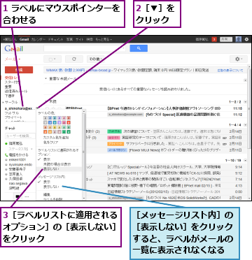 1 ラベルにマウスポインターを合わせる　　　　　　　　　　,2［▼］をクリック,3［ラベルリストに適用されるオプション］の［表示しない］をクリック,［メッセージリスト内］の［表示しない］をクリックすると、ラベルがメールの一覧に表示されなくなる