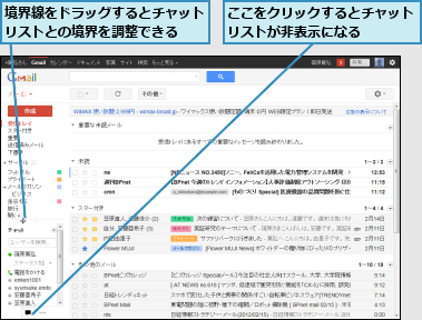 ここをクリックするとチャットリストが非表示になる　　　,境界線をドラッグするとチャットリストとの境界を調整できる　　