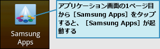 アプリケーション画面の1ページ目から［Samsung Apps］をタップ　すると、［Samsung Apps］が起　動する