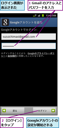 1 Gmail のアドレスと パスワードを入力,Googleアカウントの設定が開始される,ログイン画面が表示された  ,２［ログイン］をタップ  