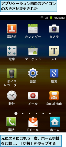アプリケーション画面のアイコンの大きさが変更された    ,元に戻すにはもう一度、ホーム切替を起動し、［切替］をタップする