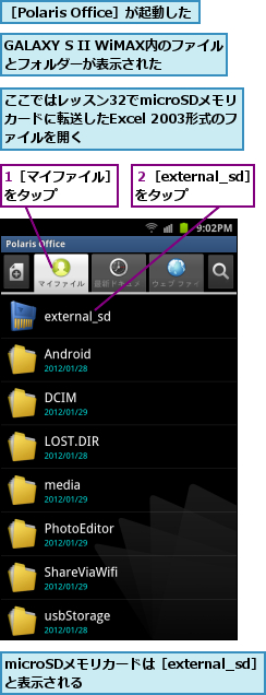 1［マイファイル］をタップ　　　　,GALAXY S II WiMAX内のファイルとフォルダーが表示された,microSDメモリカードは［external_sd］と表示される　　　　　　　　,ここではレッスン32でmicroSDメモリ　カードに転送したExcel 2003形式のファイルを開く,２［external_sd］をタップ　,［Polaris Office］が起動した