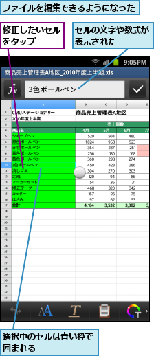 セルの文字や数式が表示された　　　,ファイルを編集できるようになった　　　,修正したいセルをタップ　　　,選択中のセルは青い枠で囲まれる　　　　　　