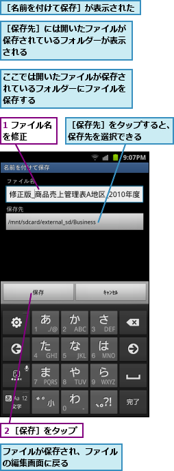 1 ファイル名を修正　　　,ここでは開いたファイルが保存されているフォルダーにファイルを保存する,ファイルが保存され、ファイルの編集画面に戻る　　　　　　,２［保存］をタップ,［保存先］には開いたファイルが保存されているフォルダーが表示される,［保存先］をタップすると、保存先を選択できる　　　,［名前を付けて保存］が表示された