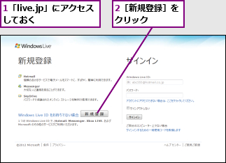 1「live.jp」にアクセスしておく    ,2［新規登録］をクリック    