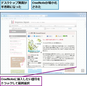 OneNoteが最小化された　　,OneNoteに挿入したい部分をドラッグして範囲選択,デスクトップ画面が半透明になった　　