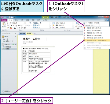 1［Outlookタスク］をクリック,2［ユーザー定義］をクリック　　　,出張日をOutlookタスクに登録する　　　
