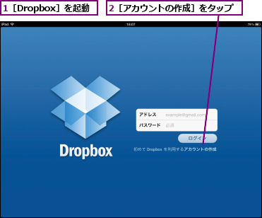 1［Dropbox］を起動,2［アカウントの作成］をタップ