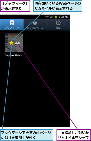 ブックマークできるWebページには［★追加］が付く  ,現在開いているWebページのサムネイルが表示される,［★追加］が付いたサムネイルをタップ,［ブックマーク］が表示された  