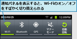 通知パネルを表示すると、Wi-Fiのオン／オフをすばやく切り替えられる      