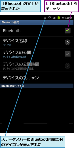 1［Bluetooth］をチェック,ステータスバーにBluetooth機能ONのアイコンが表示された　　　,［Bluetooth設定］が表示された