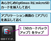 1［SDカードバックアップ］をタップ,あらかじめOptimus itにmicroSDカードを挿入しておく,アプリケーション画面の［アプリ］を表示しておく　　　　　　　　　　　　