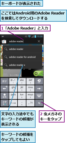 1「Adobe Reader」と入力,2 虫メガネのキーをタップ,ここではAndroid用のAdobe Readerを検索してダウンロードする,キーボードが表示された,キーワードの候補をタップしてもよい,文字の入力途中でもキーワードの候補が表示される