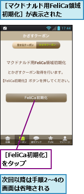 次回以降は手順2〜4の画面は省略される,［FeliCa初期化］をタップ,［マクドナルド用FeliCa領域　初期化］が表示された　