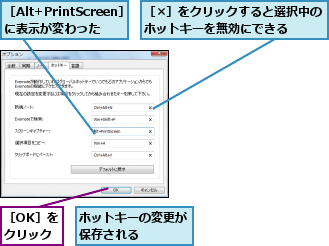 ホットキーの変更が保存される    ,［Alt+PrintScreen］　に表示が変わった,［OK］をクリック,［×］をクリックすると選択中のホットキーを無効にできる　　