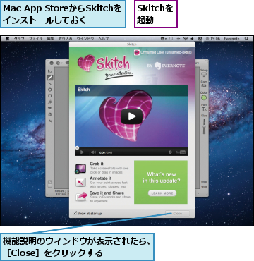 Mac App StoreからSkitchを    インストールしておく  ,Skitchを起動,機能説明のウィンドウが表示されたら、［Close］をクリックする　  