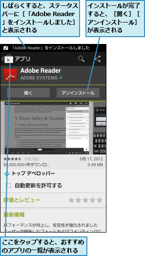 ここをタップすると、おすすめのアプリの一覧が表示される,しばらくすると、ステータスバーに［「Adobe Reader」をインストールしました］と表示される,インストールが完了すると、［開く］［アンインストール］が表示される