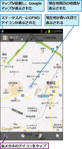 ステータスバーにGPSのアイコンが表示された,マップが起動し、Googleマップが表示された,現在地が青い矢印で表示される    ,現在地周辺の地図が表示された    ,虫メガネのアイコンをタップ
