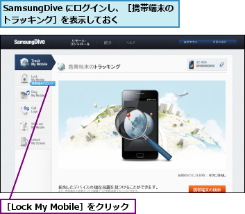 SamsungDive にログインし、［携帯端末のトラッキング］を表示しておく,［Lock My Mobile］をクリック