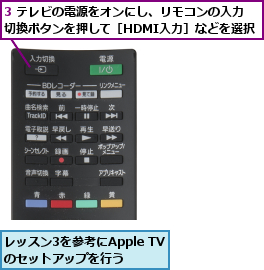 3 テレビの電源をオンにし、リモコンの入力　切換ボタンを押して［HDMI入力］などを選択,レッスン3を参考にApple TVのセットアップを行う