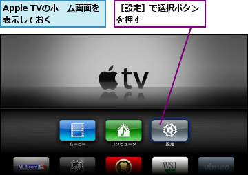 Apple TVのホーム画面を表示しておく　　,［設定］で選択ボタンを押す　　　　　　