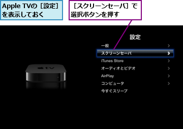 Apple TVの［設定］を表示しておく,［スクリーンセーバ］で選択ボタンを押す　　　