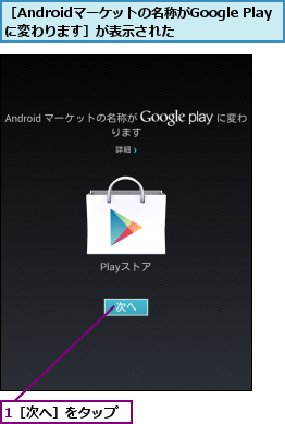 1［次へ］をタップ,［Androidマーケットの名称がGoogle Playに変わります］が表示された