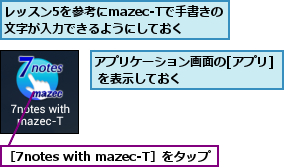 アプリケーション画面の[アプリ] を表示しておく        ,レッスン5を参考にmazec-Tで手書きの文字が入力できるようにしておく,［7notes with mazec-T］をタップ