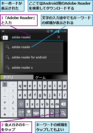1「Adobe Reader」と入力    ,2 虫メガネのキーをタップ    ,ここではAndroid用のAdobe Readerを検索してダウンロードする,キーボードが表示された,キーワードの候補をタップしてもよい  ,文字の入力途中でもキーワードの候補が表示される    