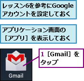 1［Gmail］を　タップ　,アプリケーション画面の　［アプリ］を表示しておく,レッスン6を参考にGoogleアカウントを設定しておく