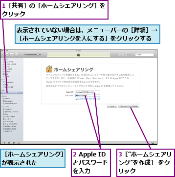 1［共有］の［ホームシェアリング］をクリック              ,2 Apple IDとパスワードを入力,3［