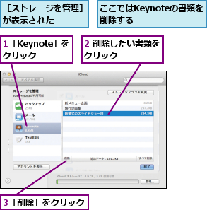 1［Keynote］をクリック,2 削除したい書類をクリック      ,3［削除］をクリック  ,ここではKeynoteの書類を削除する    ,［ストレージを管理］が表示された    