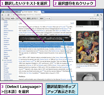 1 翻訳したいテキストを選択,2 選択部分を右クリック,3［Detect Language>>日本語］を選択,翻訳結果がポップアップ表示された