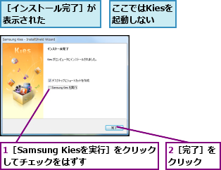 1［Samsung Kiesを実行］をクリックしてチェックをはずす,2［完了］をクリック  ,ここではKiesを  起動しない  ,［インストール完了］が表示された      
