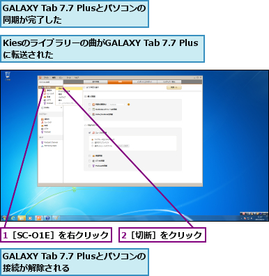 1［SC-O1E］を右クリック,2［切断］をクリック,GALAXY Tab 7.7 Plusとパソコンの同期が完了した      ,GALAXY Tab 7.7 Plusとパソコンの接続が解除される    ,Kiesのライブラリーの曲がGALAXY Tab 7.7 Plusに転送された          