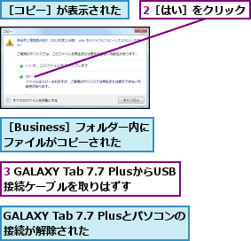 2［はい］をクリック,3 GALAXY Tab 7.7 PlusからUSB接続ケーブルを取りはずす,GALAXY Tab 7.7 Plusとパソコンの接続が解除された    ,［Business］フォルダー内にファイルがコピーされた,［コピー］が表示された