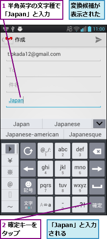 1 半角英字の文字種で「Japan」と入力,2 確定キーをタップ    ,「Japan」と入力される  ,変換候補が表示された