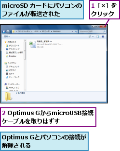 1［×］をクリック,2 Optimus GからmicroUSB接続   ケーブルを取りはずす  ,Optimus Gとパソコンの接続が解除される    ,microSD カードにパソコンのファイルが転送された