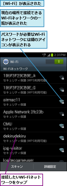 パスワードが必要なWi-Fiネットワークには鍵のアイ コンが表示される,接続したいWi-Fiネットワークをタップ  ,現在の場所で接続できるWi-Fiネットワークの一覧が表示された   ,［Wi-Fi］が表示された