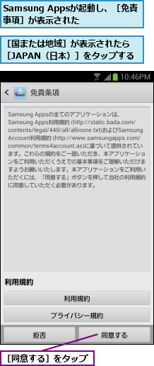 Samsung Appsが起動し、［免責事項］が表示された,［同意する］をタップ,［国または地域］が表示されたら［JAPAN（日本）］をタップする