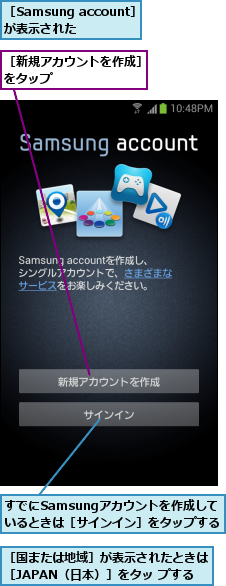 すでにSamsungアカウントを作成して　いるときは［サインイン］をタップする,［Samsung account］が表示された,［国または地域］が表示されたときは［JAPAN（日本）］をタッ プする,［新規アカウントを作成］をタップ        