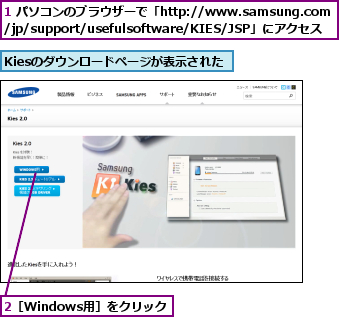 1 パソコンのブラウザーで「http://www.samsung.com/jp/support/usefulsoftware/KIES/JSP」にアクセス,2［Windows用］をクリック,Kiesのダウンロードページが表示された