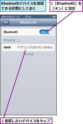 1［Bluetooth］を ［オン］に設定,2 接続したいデバイスをタップ,Bluetoothデバイスを接続できる状態にしておく