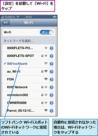 ソフトバンク Wi-FiスポットのWi-Fiネットワークに接続 されている,自動的に接続されなかった場合は、Wi-Fiネットワークをタップする,［設定］を起動して［Wi-Fi］をタップ          