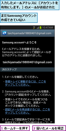 1 ホームキーを押す,2 届いたメールを確認,まだSamsungアカウントは作成できていない,入力したメールアドレスに［アカウントを有効にします。］のメールが送信された