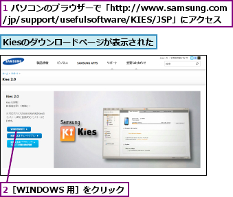 1 パソコンのブラウザーで「http://www.samsung.com/jp/support/usefulsoftware/KIES/JSP」にアクセス,2［WINDOWS 用］をクリック,Kiesのダウンロードページが表示された