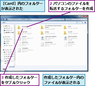 2 パソコンのファイルを転送するフォルダーを作成,3 作成したフォルダーをダブルクリック  ,作成したフォルダー内のファイルが表示される,［Card］内のフォルダーが表示された  